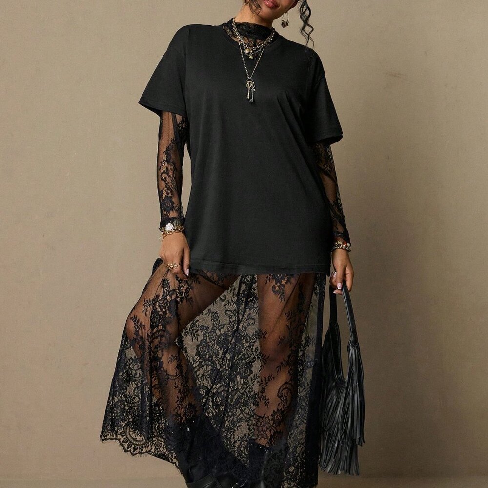 Black Boho Women's Elegant Plus Size Lace Maxi Dress - Picture 6 of 8